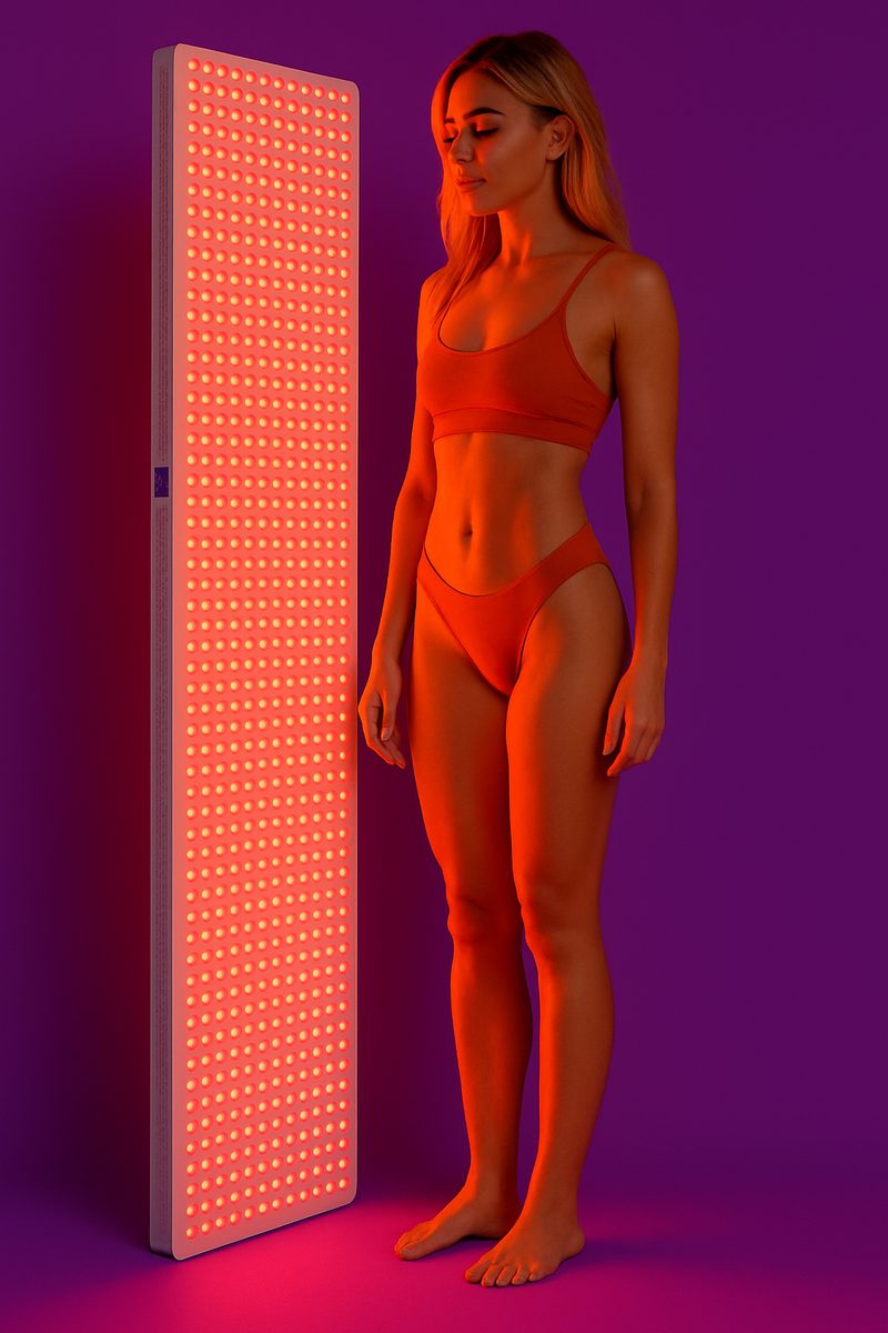 Woman relaxing beside a full-length red light therapy panel